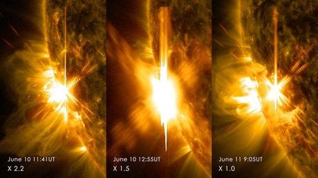  Tres llamaradas solares de clase X.  -La de la izquierda fue producida el martes 10 de Junio a las 11:41 UT, y es de clase X2.2. -La del medio fue producida también el martes 10 de Junio a las 12:55 UT, y es de clase X 1.5. -La de la derecha fue producida el miércoles 11 de Junio a las 09:05 UT, y es de clase X 1.0. Estas imágenes fueron obtenidas por el Observatorio de Dinámica Solar de la NASA.  