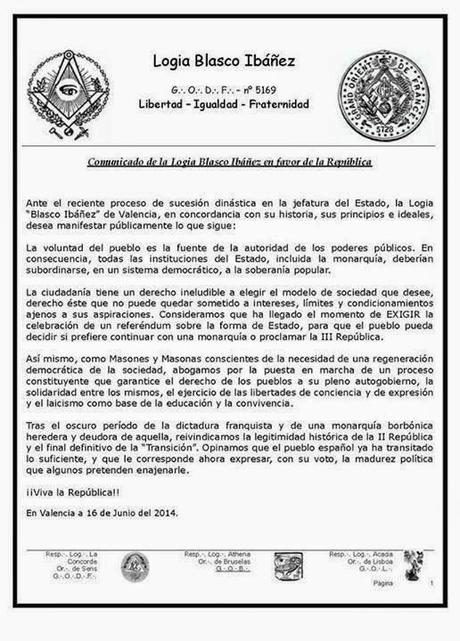 Comunicado de la Logia Blasco Ibáñez, Valencia (Gran Oriente de Francia)
