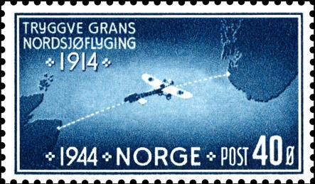 Frimärke Norge 1944 facit nr 327. Tryggve Grans atlantflygning 1