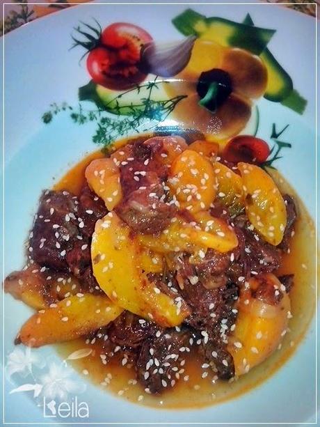 Ternera con melocoton en almibar