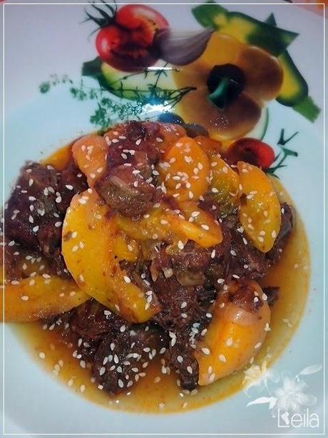 Ternera con melocoton en almibar