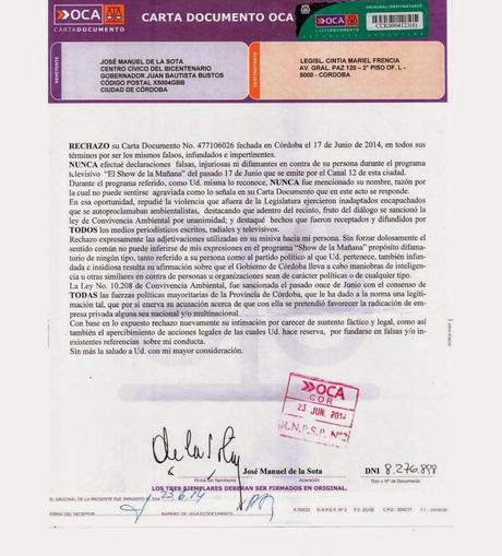 Ante la respuesta de De la Sota a la Carta Documento que le envió Cintia Frencia, legisladora del FIT.‏