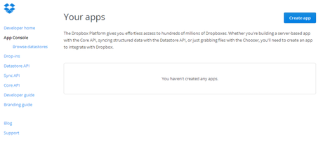 Dropbox App console Dropbox App console