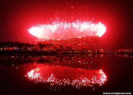 Fireworks explode over the National Stadium during the opening ceremony of the Beijing 2008 Olympic Games