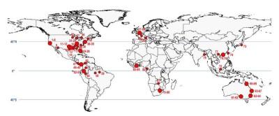 Localizaciçón de los casos registrados de arañas semiacuáticas que comen peces (tomado de Nyffeler y Pusey, 2014)