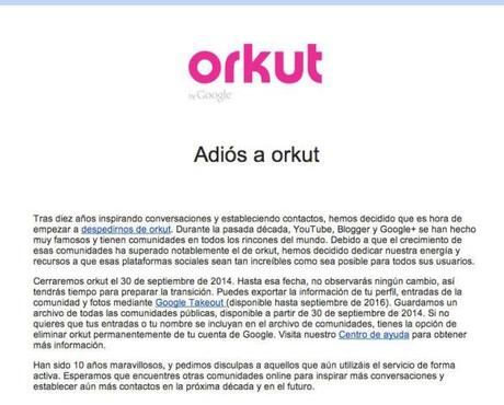comunicado del cierre de orkut