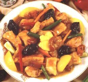 Pollo en salsa de frutas