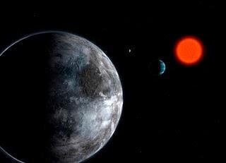 Impresión artísitica del sistema planetario alrededor de la estrella enana roja Gliese 581. Con un radio sólo 50% más grande que el de nuestra Tierra, el planeta Gliese 581c (en la foto) está situado en la llamada zona habitable de su estrella madre, es decir, donde puede existir agua líquida