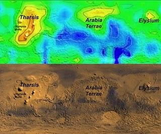 Mapa de las concentraciones de metano en otoño (un año marciano observado por primera vez) superpuestas en el mapa de color verdadero de Marte