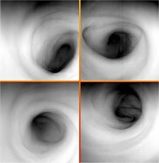 Conjunto de imágenes del vórtice del polo sur de Venus. Las imágenes muestran la temperatura de las nubes superiores a cerca de 65 kilómetros de altitud. Una región más oscura corresponde a un aumento de temperatura y una altitud por lo tanto inferior.