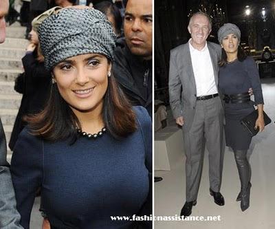 Salma Hayek con un original turbante, en el desfile de Stella McCartney, Primavera 2011. Front Row