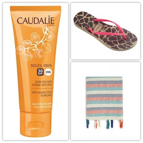 Protector solar de Caudalie, chanclas con print animal de Havaianas y toalla pareo de Oysho.
