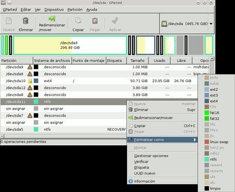 Formatear particiones mediante Gparted