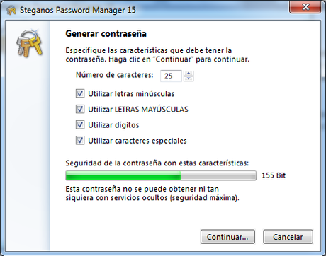 Pantalla Steganos Password Manager - Generar Contraseña