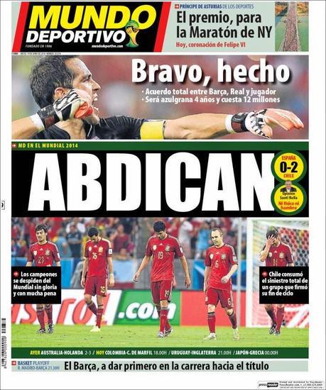 Fuente: elmundodeportivo.com portada-mundo-deportivo-eliminacion-espana-mundial-brasil-2014-chile portada-mundo-deportivo-eliminacion-espana-mundial-brasil-2014-chile Dura portada contra la selección española del diario