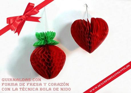 guirnalda fresa y corazon, bola nido de abeja