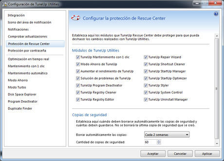 TuneUp Utilities 2014 - Pantalla Config Rescue Center