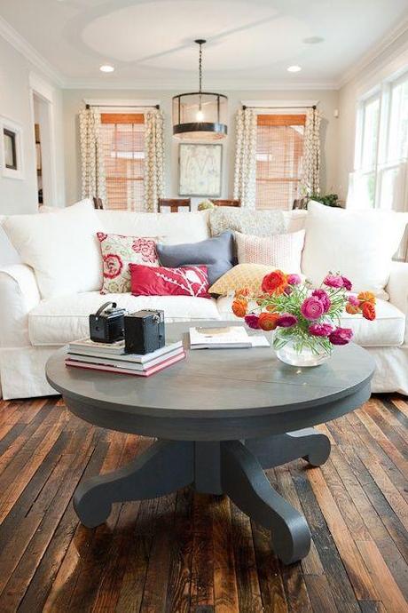 Love the white sofa - great if made as a fitted sofa cover and pillow covers in pre-washed, pre-bleached white denim.  If red wine, kool-aid, etc spill, just re-bleach, wash & it's like brand new.  Won't shrink.  Add colored throw pillows & change the look - seasonal, etc.