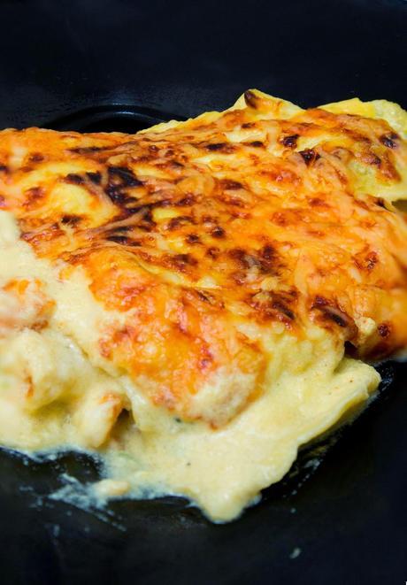 Lasaña india de raviolis de espinacas y melocotón