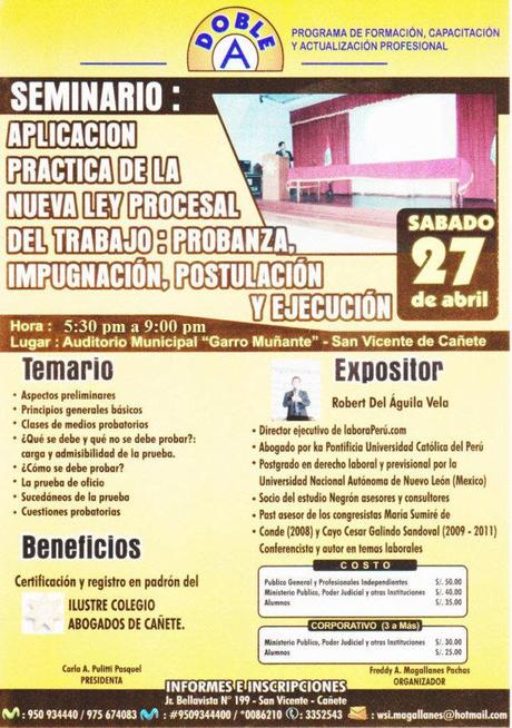 Seminario Aplicación Práctica de la Nueva Ley Procesal del Trabajo se dictará en Cañete el 27 de Abril