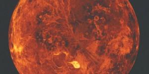 Representación artística de Venus. Venus es un puro infierno, con temperaturas extremadamente calientes, una presión aplastante, y lluvia de ácido sulfúrico.  Crédito: SSV, MIPL, Magellan Team, NASA 