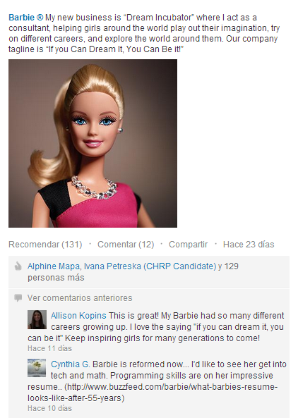 Barbie se hace cuenta de Linkedin para inspirar y apoyar a todas las mujeres.