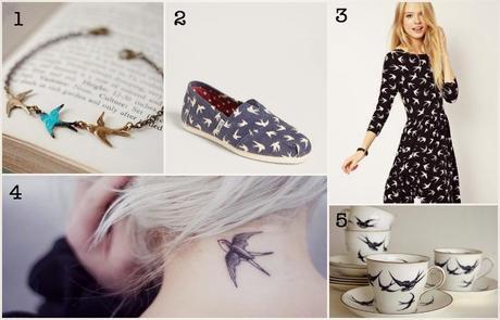 Objetos y ropa con motivos de golondrinas: zapatilla, pulsera, vestido, tatuajes