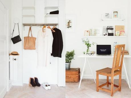 suelo espigado encerado de madera de roble Mini piso en look total white estilo nórdico escandinavo decoración pisos pequeños nórdicos decoración mini pisos decoración en blanco blog decoración nórdica 