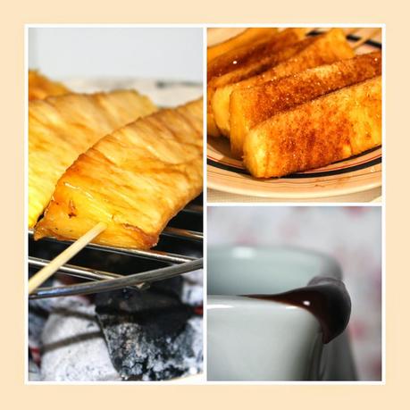 Brochetas de piña a la barbacoa... con salsa de chocolate