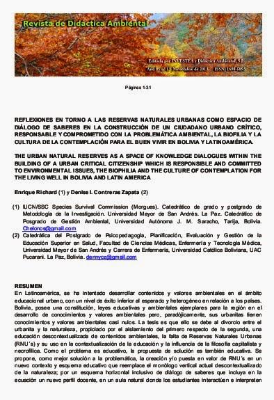 REFLEXIONES EN TORNO A LAS RESERVAS NATURALES URBANAS COMO ESPACIO DE DIÁLOGO DE SABERES EN LA CONSTRUCCIÓN DE UN CIUDADANO URBANO CRÍTICO, RESPONSABLE Y COMPROMETIDO CON LA PROBLEMÁTICA AMBIENTAL, LA BIOFILIA Y LA CULTURA DE LA CONTEMPLACIÓN PARA EL B...