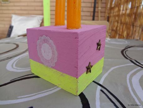 Portavelas con taco de madera