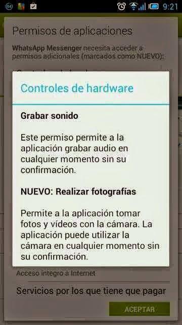 Intolerable  los nuevos permisos que pide WhatsApp  al actualizar la aplicación.