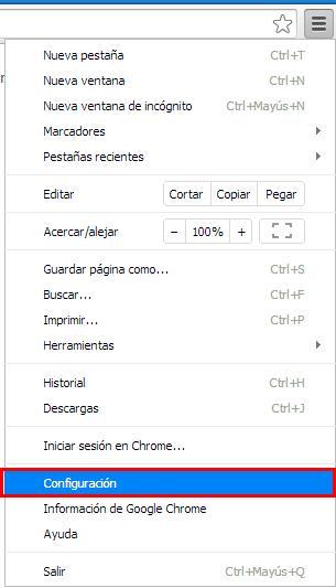 Menu de configuración de Google Chrome