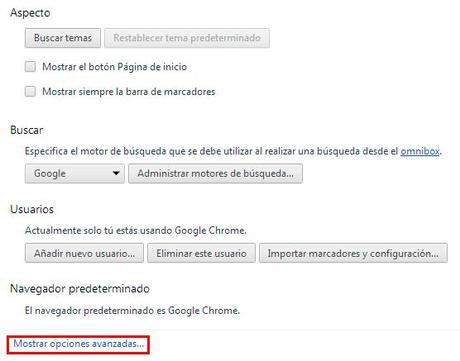 Opciones avanzadas en Google Chrome