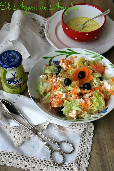ENSALADA DE PATATA,TOMATE Y QUESO CON VINAGRETA DE ALIOLI
