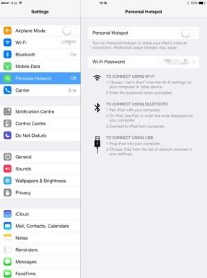 iPad iOS7 personal hotspot