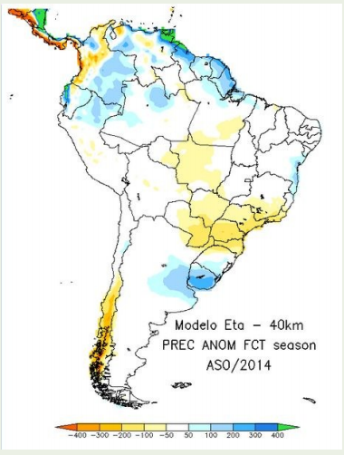 Pronóstico estacional de lluvias (anomalías en mm) Agosto-Octubre 2014. Fuente: CPTEC-Brasil, 