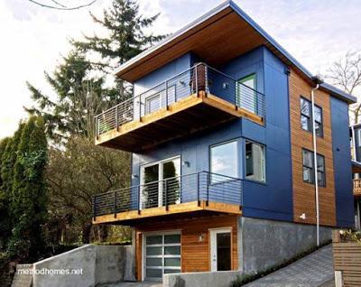 Vivienda familiar en lote con desnivel y lote angosto Casa contemporánea prefabricada en Estados Unidos