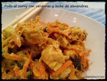 Pollo al curry con verduras y leche de almendras