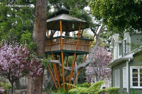 La estructura se soporta en un pie y se apoya en el árbol Versión de una casa del árbol en jardín de residencia