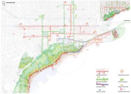 Plano general de la propuesta, mostrando la distribución de los corredores dinámicos, ecológicos y cívicos, así como los edificios catalizadores, los muelles fluviales y las principales paradas de transporte público.