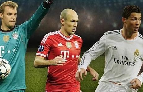 Manuel Neuer (izda), Arjen Robben (centro) y Cristiano Ronaldo (dcha), candidatos al título de Mejor Jugador de Europa de la Uefa.