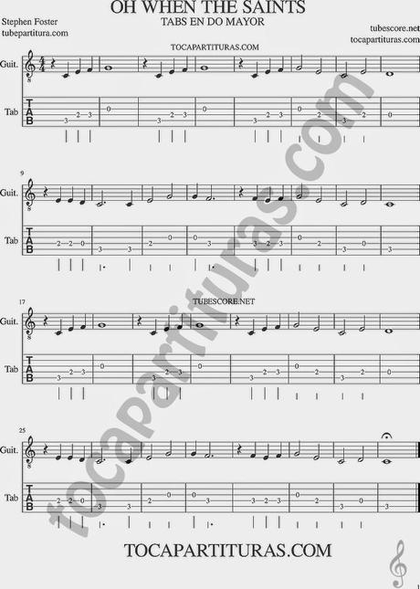 Tablatura de Guitarra de Oh When the Saints Go Marching In Punteo de Guitarra de Cuando los Santos Vienen Marchando tabs sheet music DO MAYOR 8º BAJA / C MAJOR