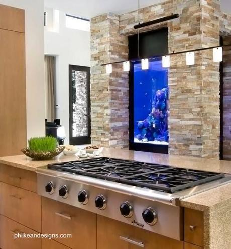 Un acuario alto en el muro de una cocina contemporánea americana Moderno acuario en una pared de cocina
