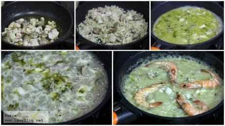 Arroz de sepia y langostinos cocinado en la sartén. Receta sencilla