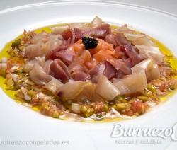 Receta de ensalada de ahumados con atún, salmón y pez espada, de Burruezo congelados.