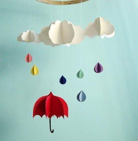 Paper cloud, rain-drops and umbrella hanging from the ceiling