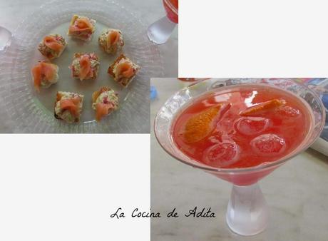 COCTEL DE FRUTAS,  CON CANAPÉS DE AGUACATE Y BONITO