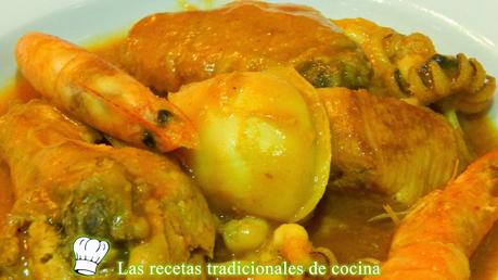 Receta de pollo con sepia y langostinos