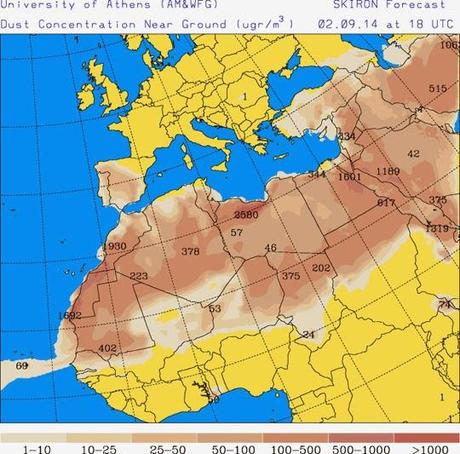 España: Previsión de intrusión de polvo africano 2 de septiembre de 2014